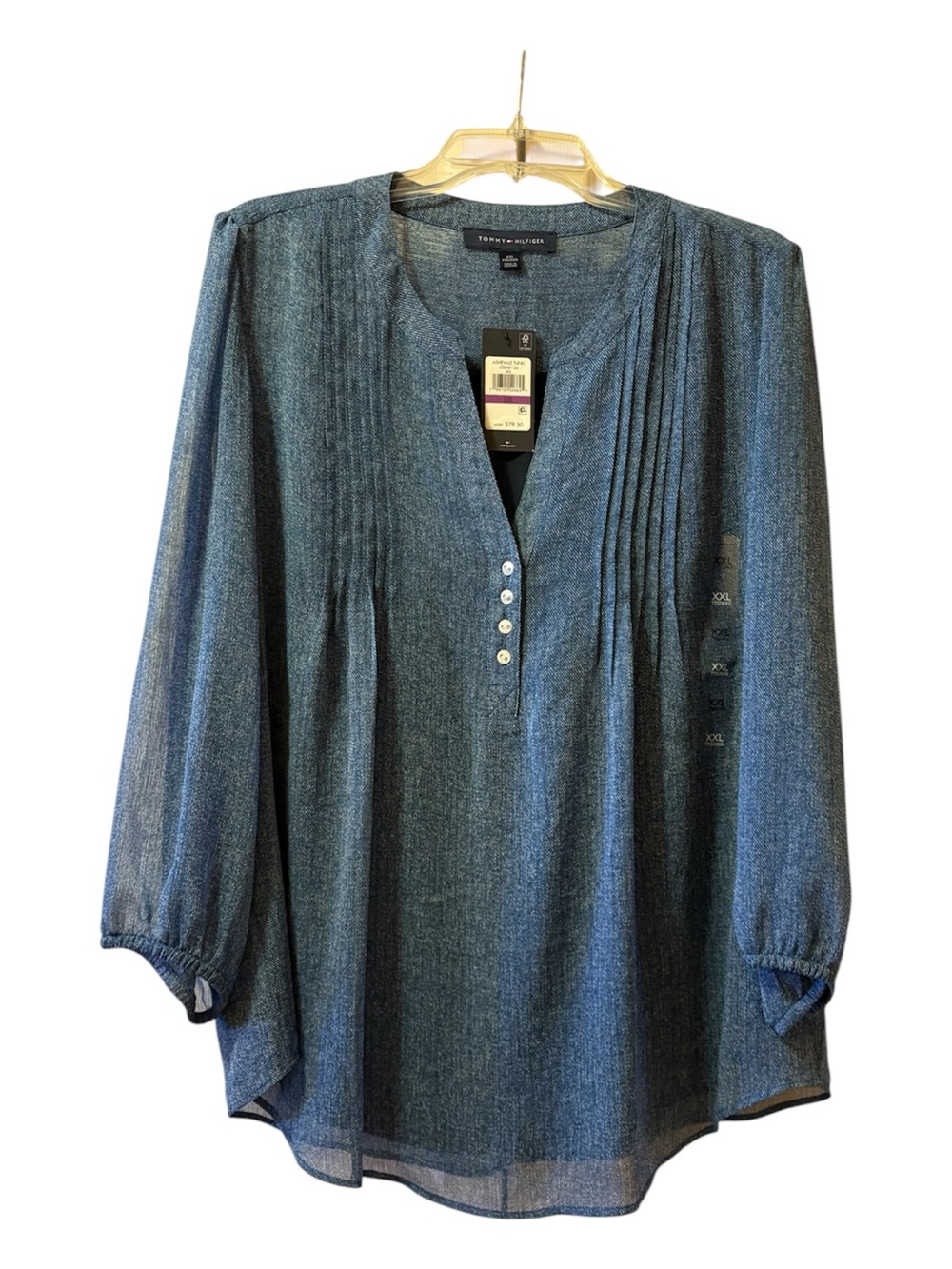 Tommy Hilfiger Denim-Effect Blue Pintuck Long-Sleeve Tunic Blouse